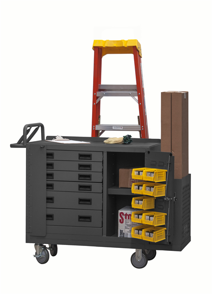 2211-DLP-6DR-RM-9B-95 - 22-3/16 in. x 54-1/16 in. x 41-1/8 in. Gray 6-Drawer Storage Space Maintenance Cart with Locking Bar and 9 Yellow Bins