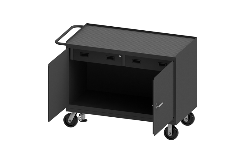 3414-RM-FL-95 - 24-1/4 in. x 54-1/8 in. x 37-3/4 in. Gray 2-Door 2-Drawer Black Rubber Mat Mobile Bench Cabinet