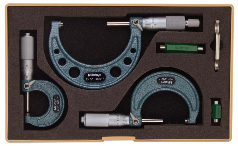 103-922 - 0-3 Inch,  .0001 Inch Mechanical Outside Micrometer Set, Hammertone Baked Enamel, 3 gages, with 2 standards