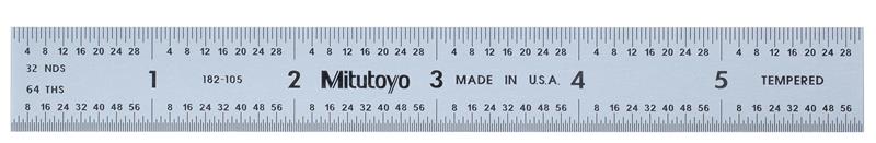182-105 - 6 Inch x 150mm Steel Rule, 3/4 Inch Wide, Rigid, Satin Chrome Finish Tempered Stainless Steel, (1/32, 1/60, 1mm, 0.5mm)