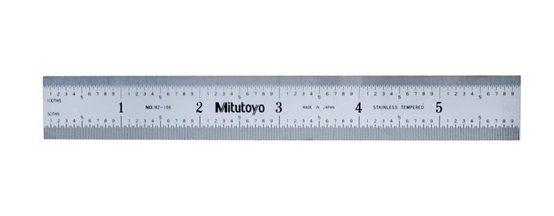 182-106 - 6 Inch x 150mm Steel Rule, 3/4 Inch Wide, Rigid, Satin Chrome Finish Tempered Stainless Steel, (1/50, 1/100, 1mm, 0.5mm)