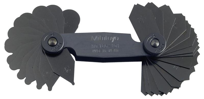 186-101 - 1/32 Inch - 1/4 Inch, Concave/Convex Radius Gage Set, 15 Pairs of Leaves (1/32 Inch to 1/4 Inch by 64ths), Locking Clamp