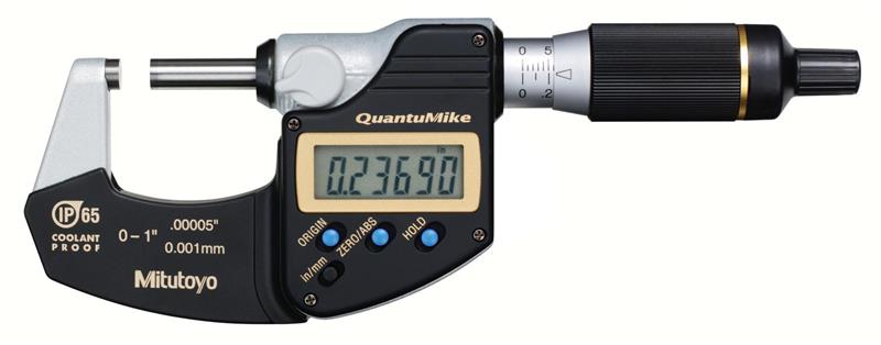 293-185-30 - 0-1 Inch/0mm-25.4mm, 0.00005 Inch/0.001mm IP65 QuantuMike Digimatic Outside Micrometer, No Output, Ratchet Thimble