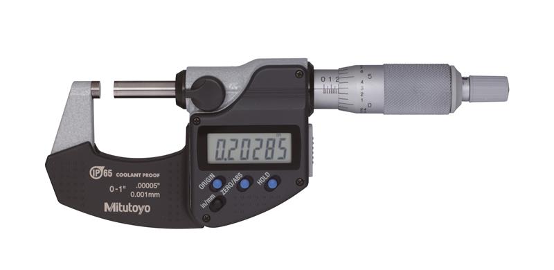 293-330-30 - 0-1 Inch/0-25.4mm, 0.00005 In/0.001mm IP65 Digimatic Outside Micrometer, With SPC Data Output, Ratchet Stop