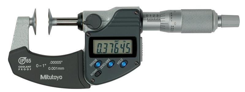 323-350-30 - 0-1 Inch, 0.00005 Inch, IP65 Digimatic Disk Micrometer, .787 Inch/20mm Diameter .028 Inch/0.7mm Edge Thickness Disk, With SPC Data Output, Ratchet Stop