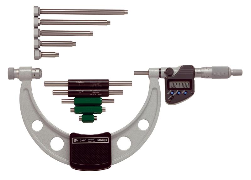 340-351-30 - 0-6 Inch, 0.00005 Inch, IP65 DigimaticInterchangeable Anvil Micrometer, With 6 Anvils and 5 Standards, With SPC Data Output, Ratchet Stop