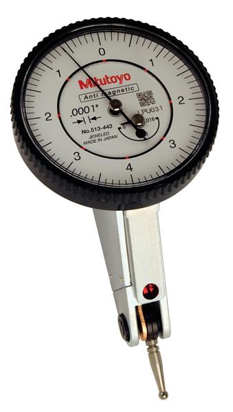 513-443 - 0.016 Inch, Dial Test Indicator, 20 Degree Tilted Face, Basic Set 0-4-0, 0.0001 Inch Graduation, 3/8 Inch Stem, 0.079 In Contact Point, 15mm Length, Anti-Magnet, Jeweled Bearing, Rev Counter