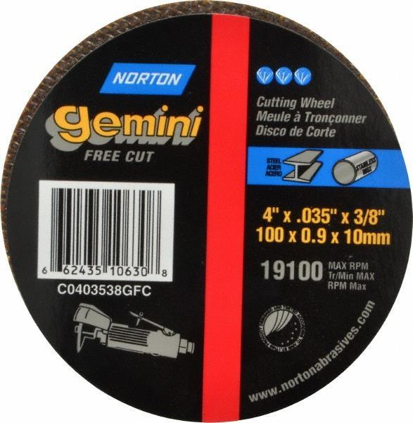 66243510630 - 4 x .035 x 3/8 Inch Gemini Right Cut Small Diameter Cut-Off Wheel 60 Grit Aluminum Oxide Type 01/41