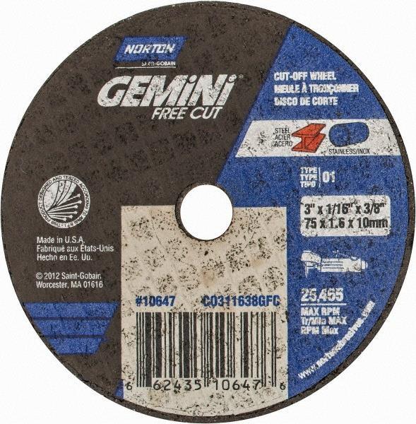 66243510647 - 3 x 1/16 x 3/8 Inch Gemini Right Cut Small Diameter Cut-Off Wheel 36 Grit Aluminum Oxide Type 01/41