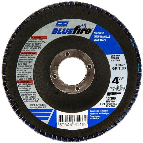 66254461163 - 4-1/2 X 1/4 X 7/8 Inch NorZon BlueFire R884 Flap Disc Type 29 Conical 60 Grit Z/A