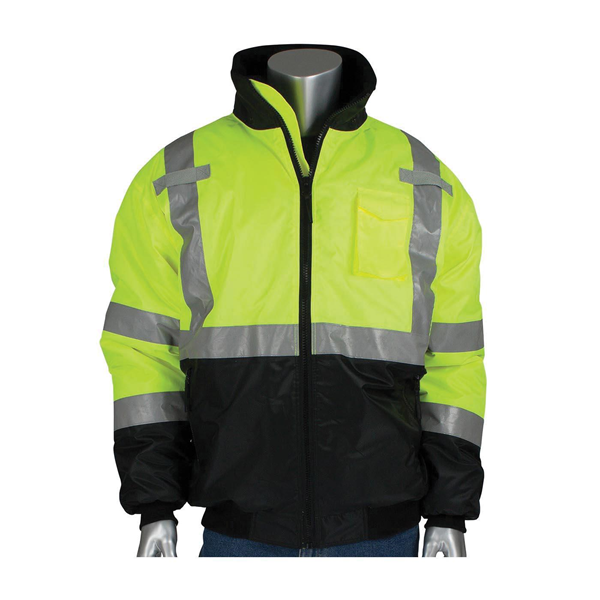 PIP 333-1740 Bomber Jacket, XL, 29-1/2 in Chest x 31-1/2 in L, Unisex, Hi-Viz Lime Yellow, 100% Polyester